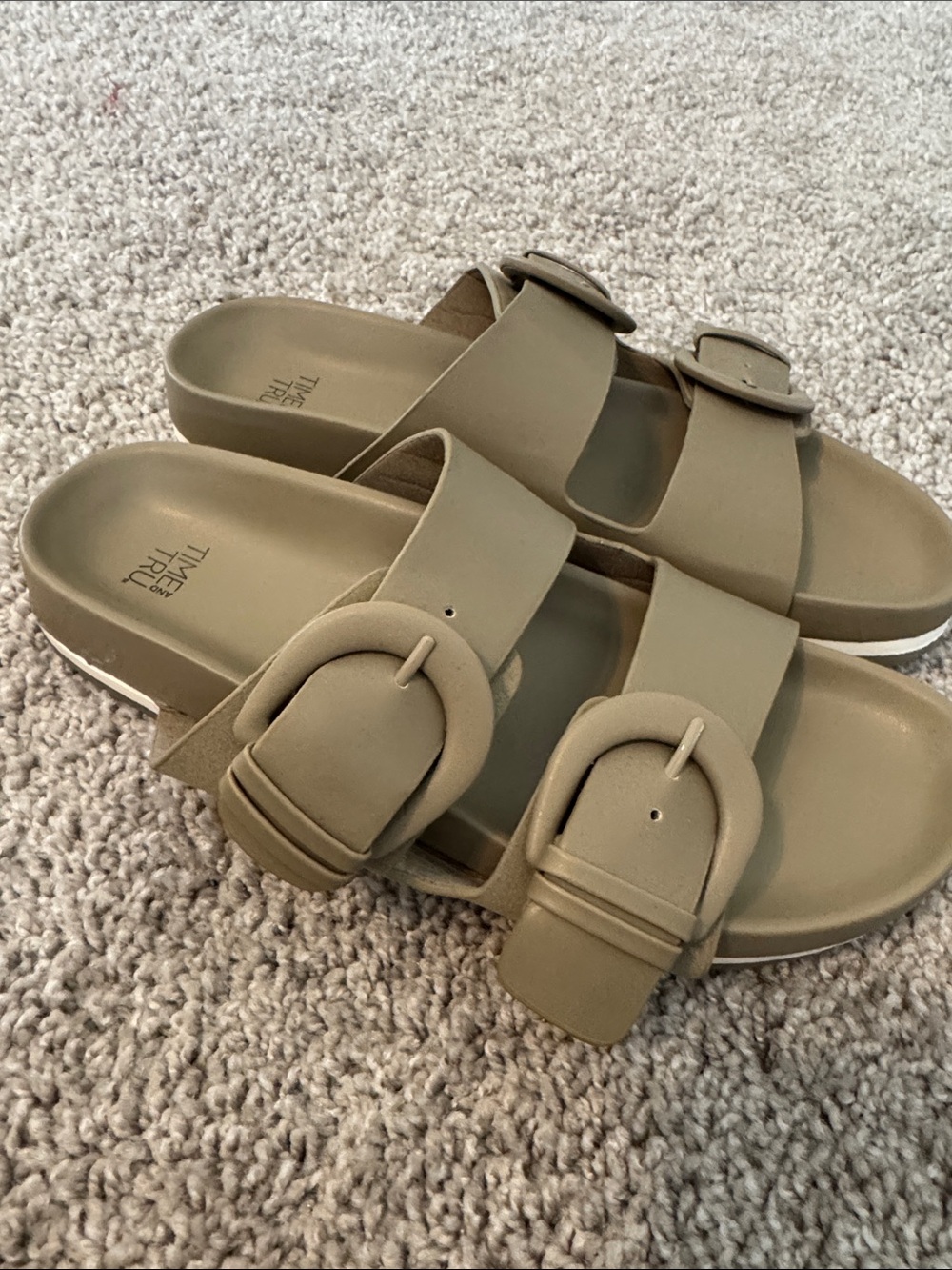Time and Tru Olive-Taupe Double Buckle Slide Sandals